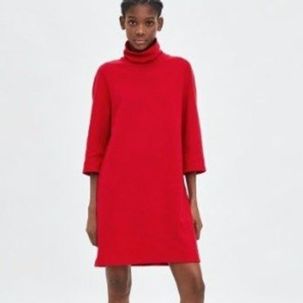Zara Red Turtleneck Shift Dress Oversized Jersey Knit 3/4 Sleeve Large